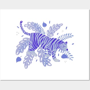 Indigo blue tiger and tropical leaves Posters and Art